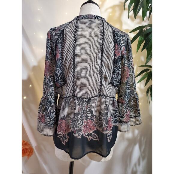 Lucky Brand Floral Sheer Stripe 3/4 Bell Sleeve Tie Peasant Blouse Size L Boho - Picture 3 of 9